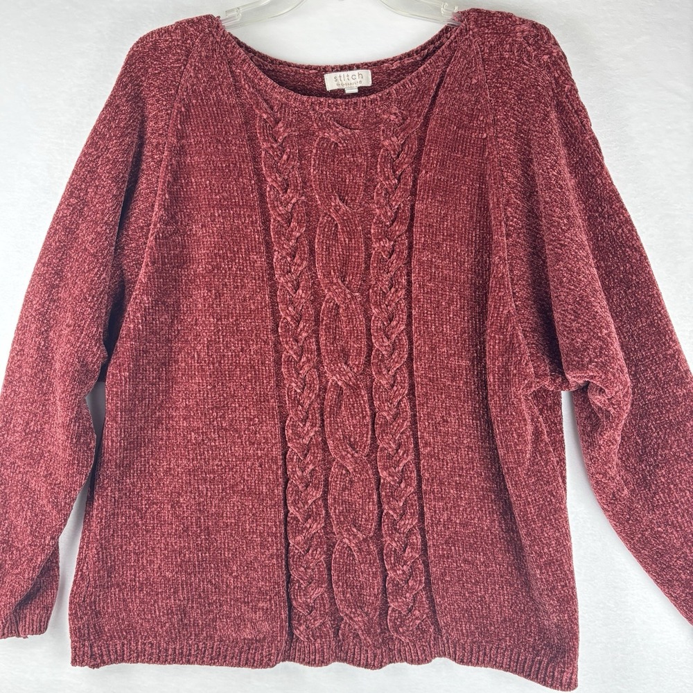 Stitch By Chenault Burgundy Chenille Cable Knit Sweater Womens Large Chunky